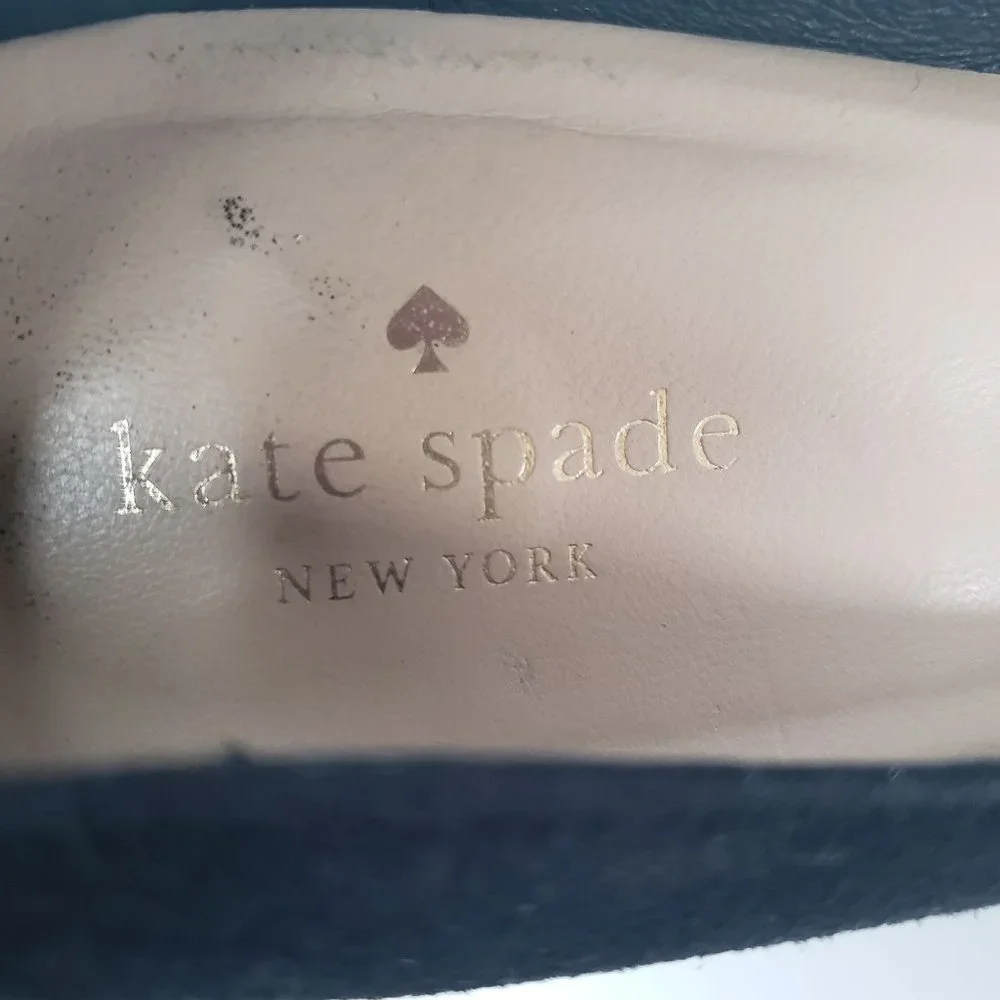 Kate Spade Kiltie Block Heel Pumps Sz 10 Black Suede Slip On Dressy Bow Heels - Picture 11 of 12